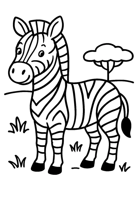 Zebra standing on the savanna next to a small tree coloring page