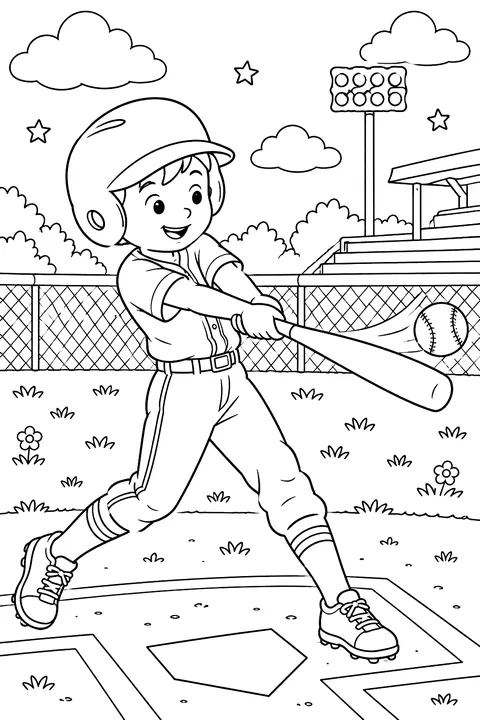 A kid swinging a baseball bat at a ballpark coloring page