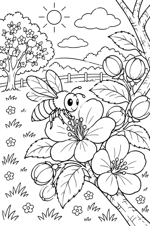 A bee visiting apple blossoms coloring page