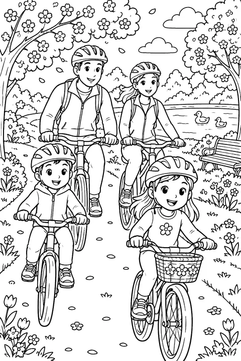 A family riding bikes in a park with blooming trees coloring page