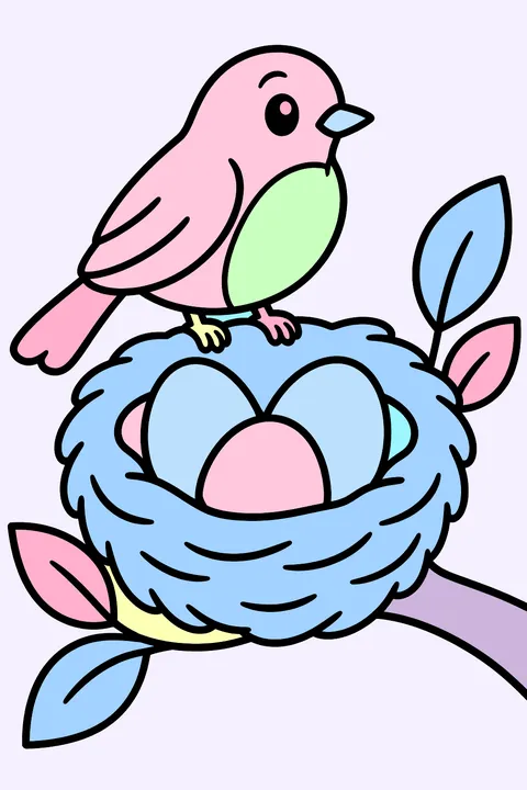 A robin's nest with three eggs on a branch coloring page