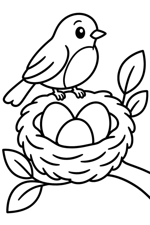 A robin's nest with three eggs on a branch coloring page