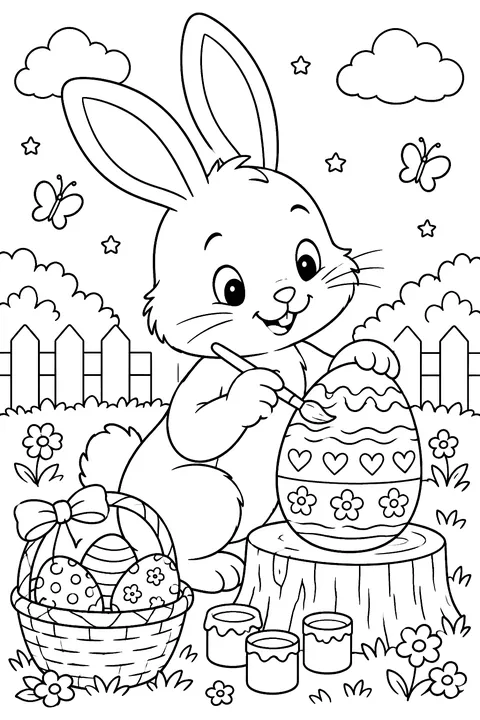 A bunny painting an egg with a brush coloring page