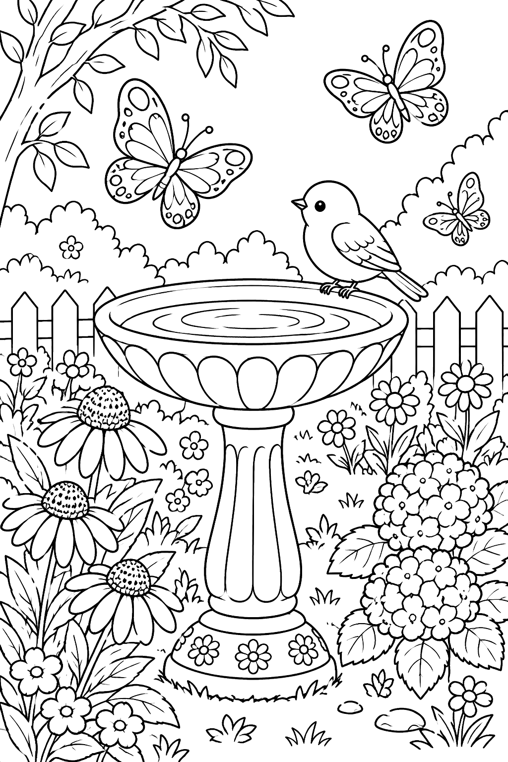 A garden with butterflies, a birdbath and flowers coloring page
