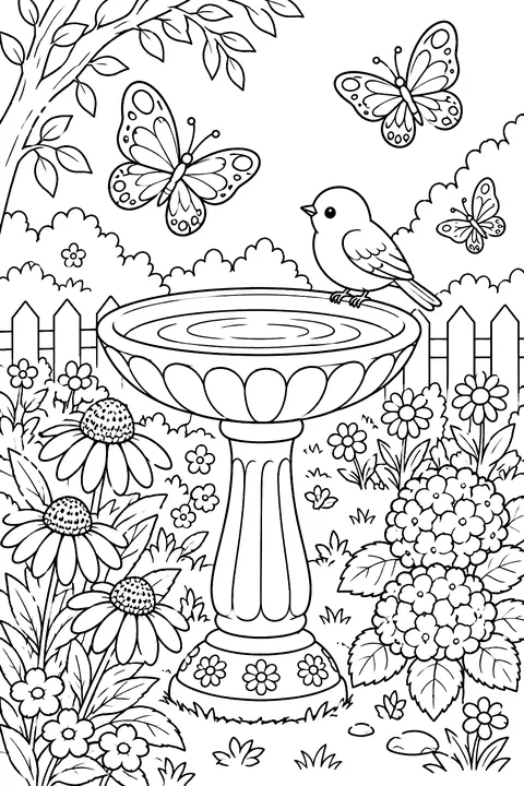 A garden with butterflies, a birdbath and flowers coloring page
