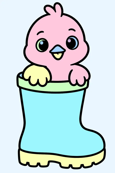 A baby chick sitting in a rain boot coloring page