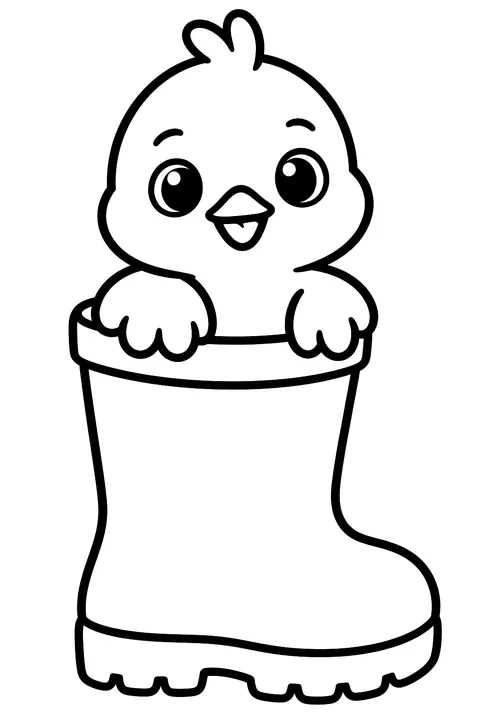 A baby chick sitting in a rain boot coloring page