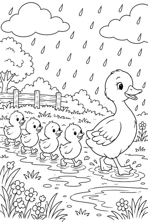 Ducklings following their mother in the rain coloring page