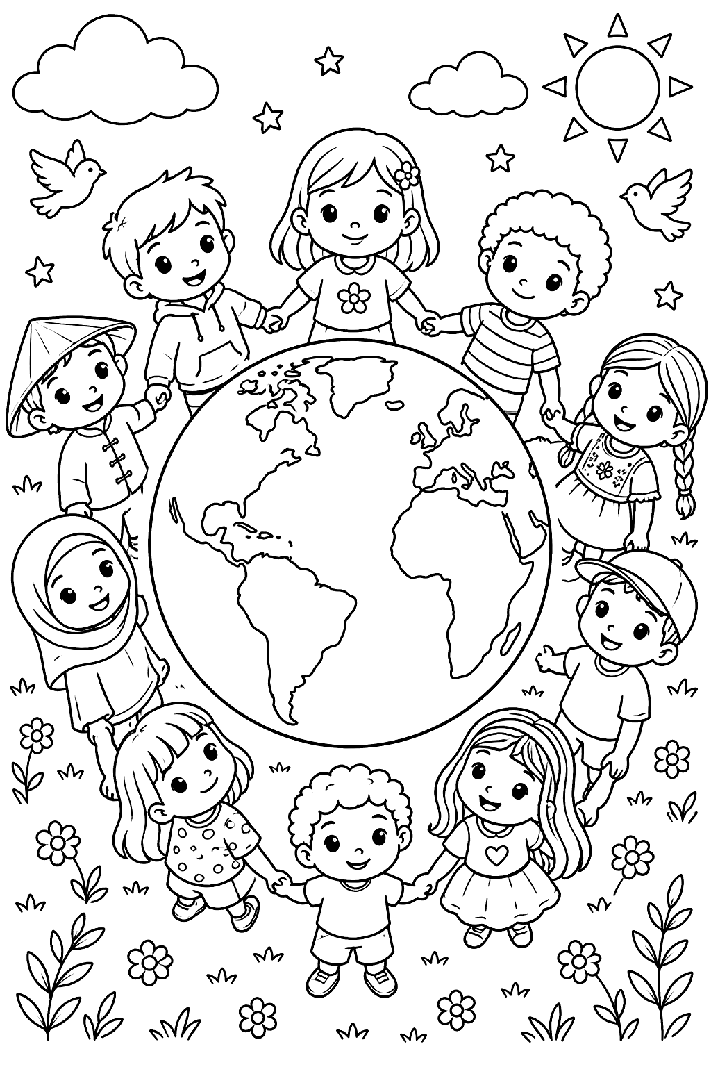 Kids holding hands around a big Earth coloring page