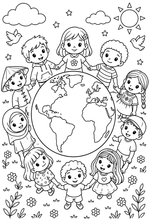 Kids holding hands around a big Earth coloring page