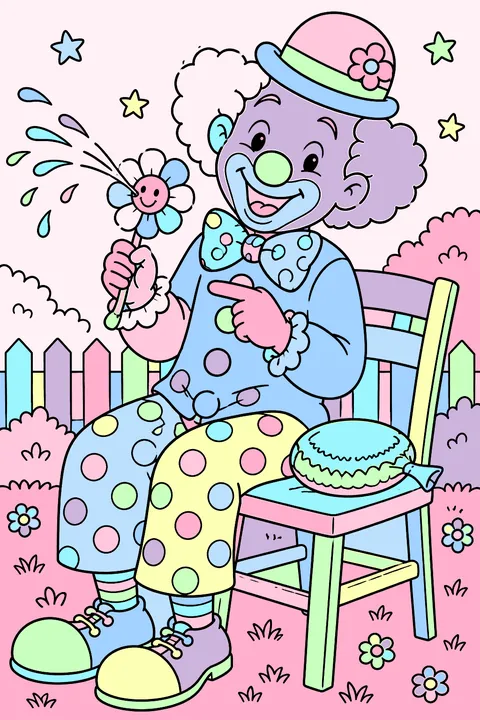 A clown with a squirting flower and a whoopee cushion on a chair coloring page