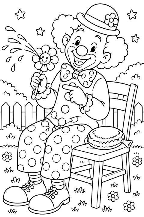 A clown with a squirting flower and a whoopee cushion on a chair coloring page