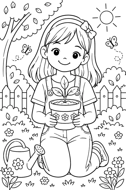 A child holding a pot with a sprouting plant coloring page