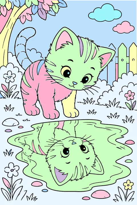 A kitten looking at its reflection in a puddle coloring page