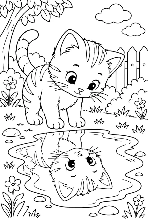 A kitten looking at its reflection in a puddle coloring page
