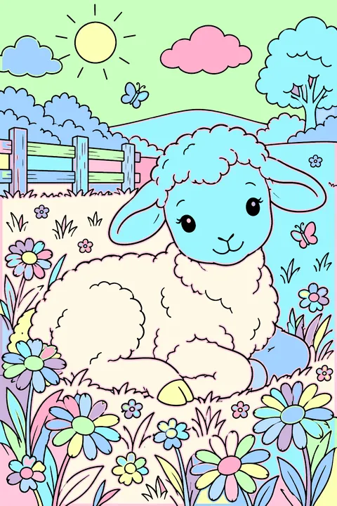 A lamb lying among daisies coloring page