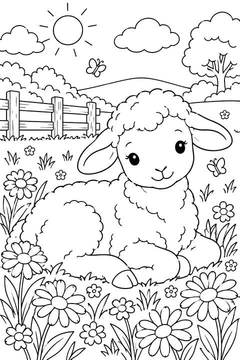 A lamb lying among daisies coloring page