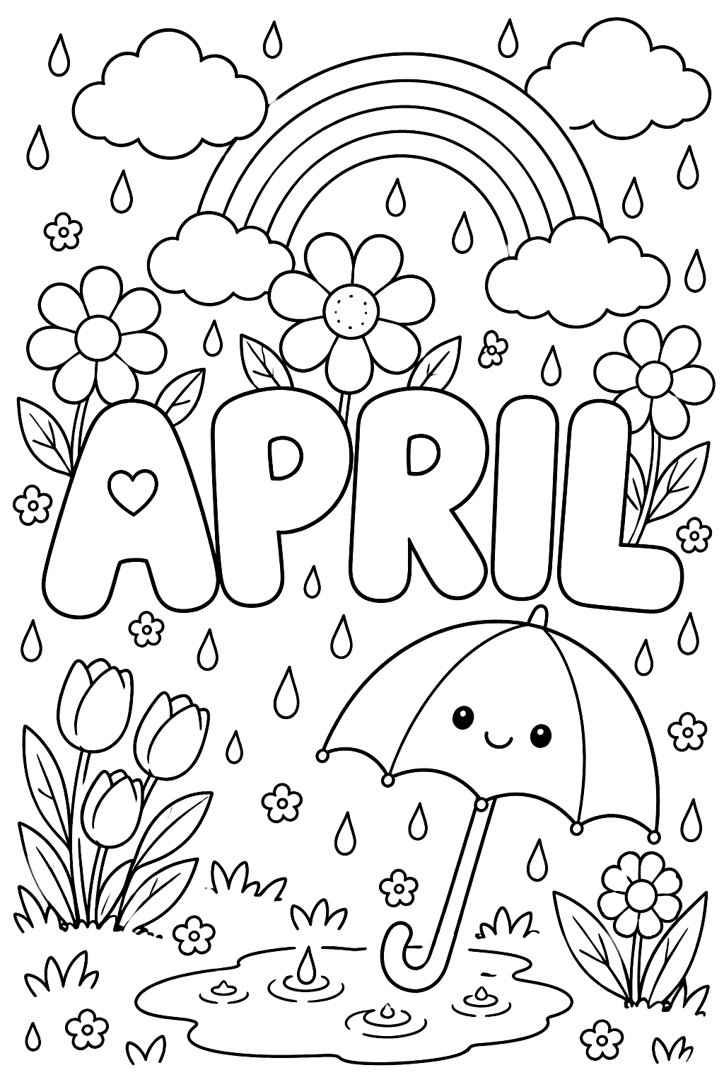 The word APRIL in big bubble outline letters with raindrops and flowers coloring page