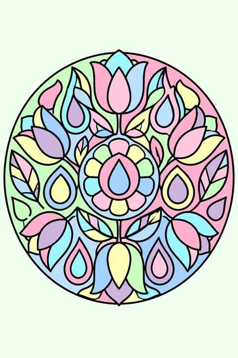 A round mandala of raindrops, tulips and leaves with bold closed shapes coloring page