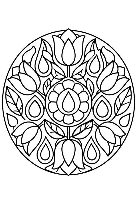 A round mandala of raindrops, tulips and leaves with bold closed shapes coloring page