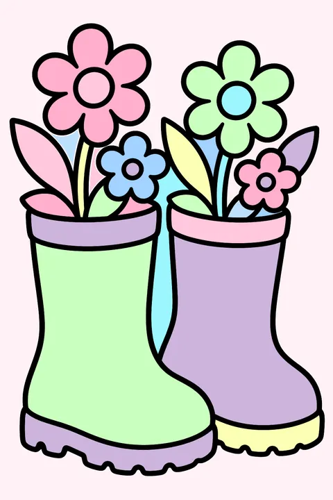A pair of rain boots used as flower pots coloring page
