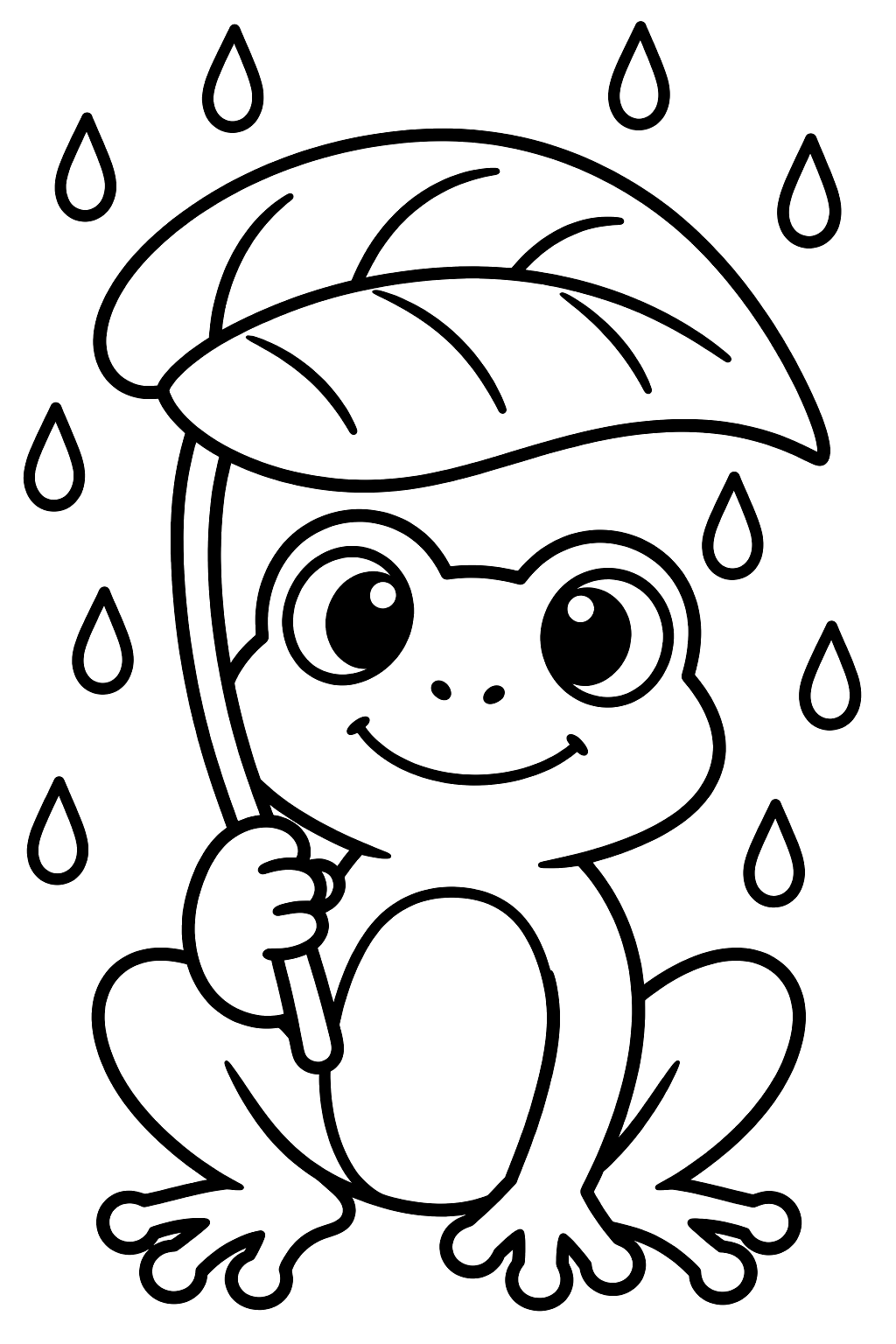 A frog holding a leaf umbrella in the rain coloring page