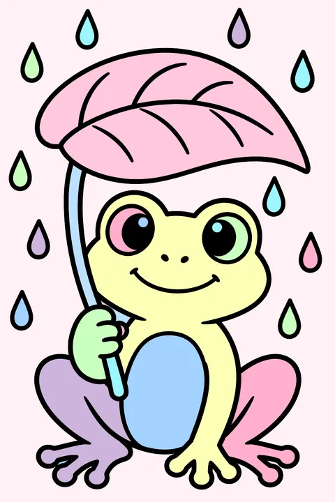 A frog holding a leaf umbrella in the rain coloring page
