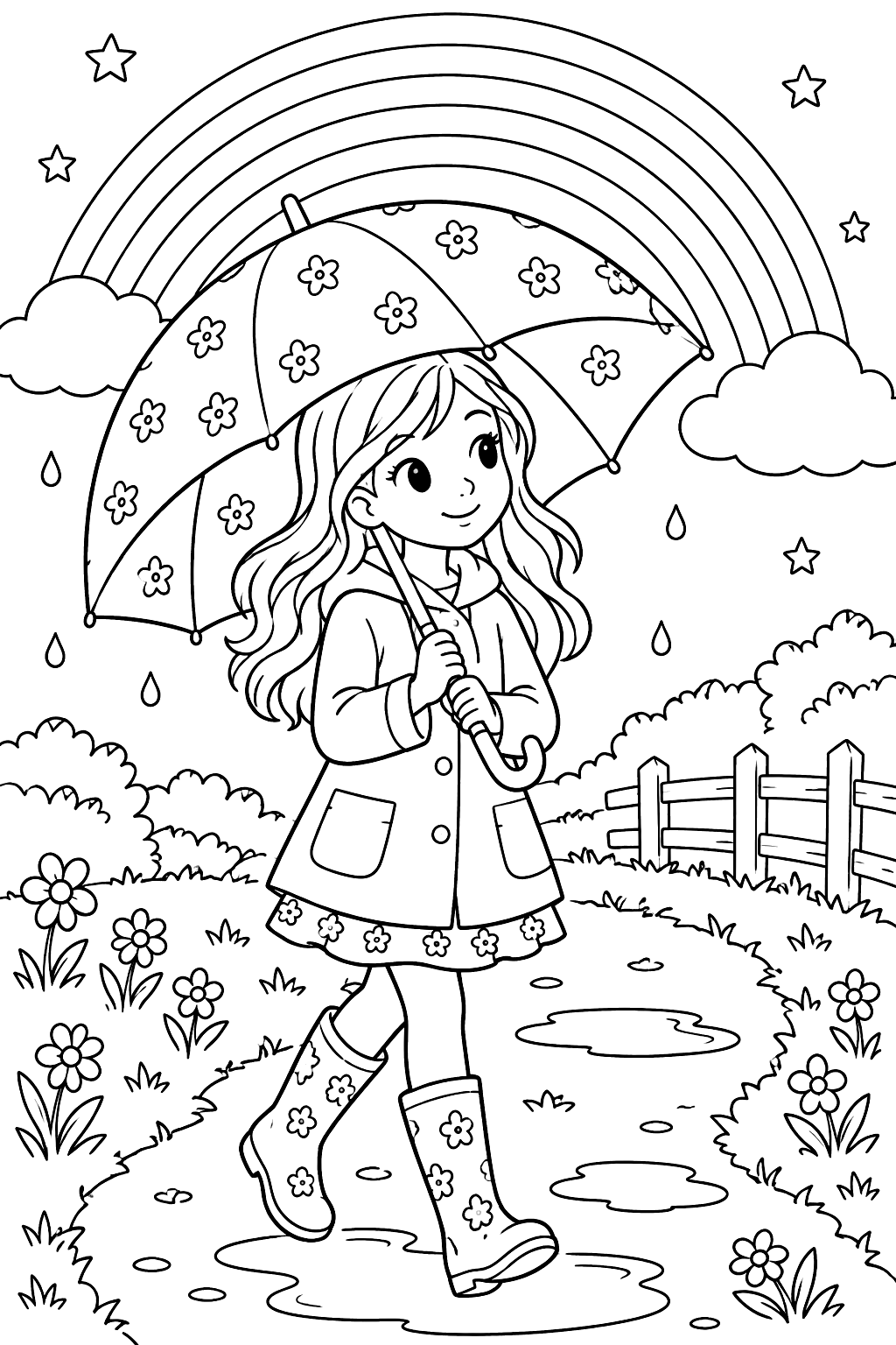 A girl walking with a big umbrella under a rainbow coloring page