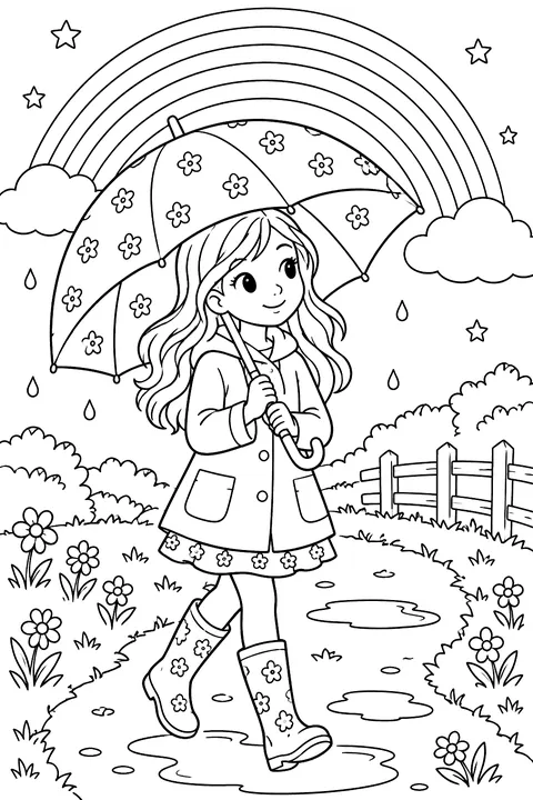 A girl walking with a big umbrella under a rainbow coloring page