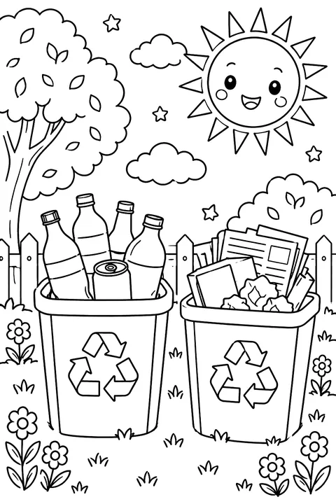 Recycling bins with bottles and paper and a smiling sun coloring page