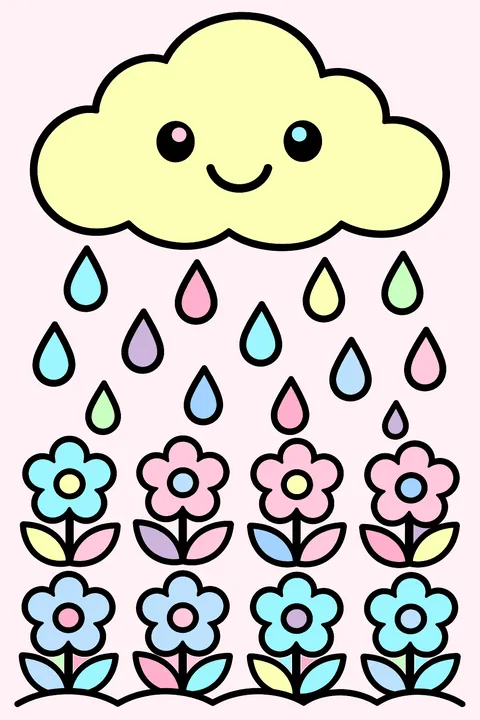A rain cloud raining on rows of flowers coloring page