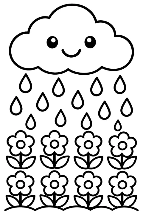 A rain cloud raining on rows of flowers coloring page