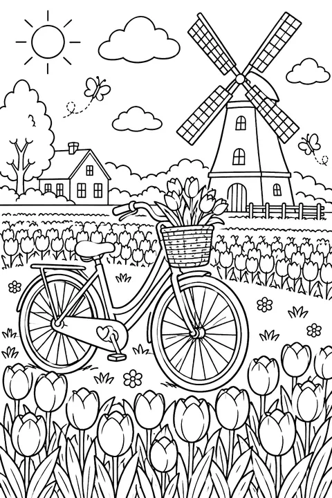 A field of tulips with a windmill and a bicycle coloring page