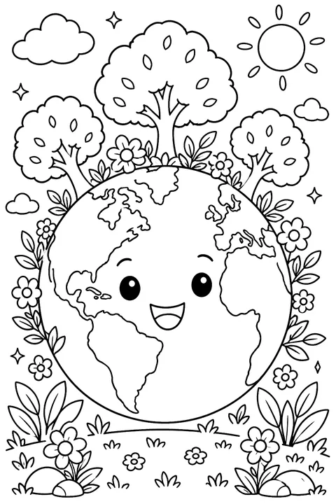 A smiling Earth with trees and flowers growing around it coloring page