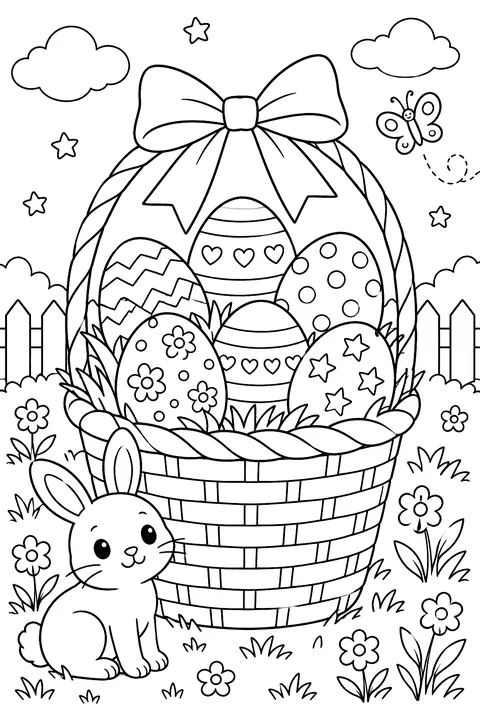 A basket full of decorated eggs with a bow coloring page