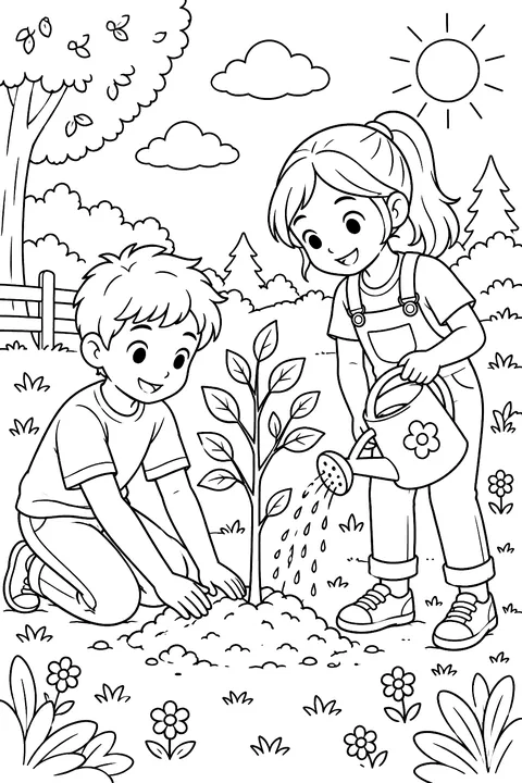 Kids planting a young tree with a watering can coloring page