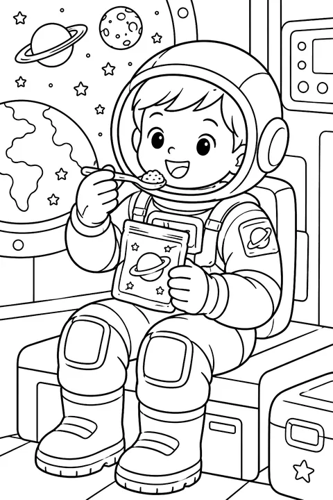 Astronaut eating space food coloring page