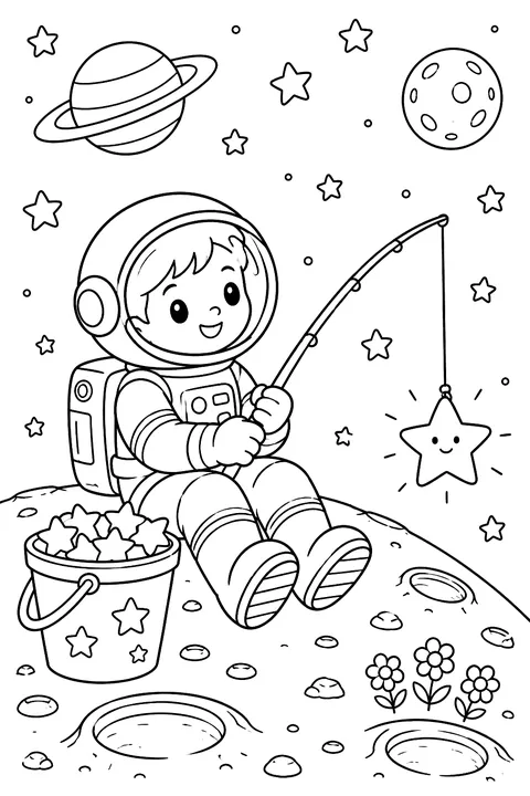 Astronaut fishing for stars from the moon coloring page