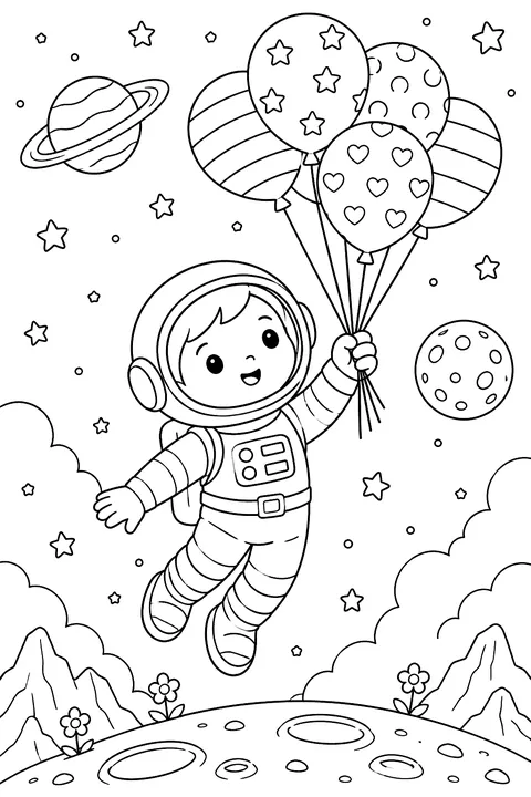 Astronaut floating with balloons coloring page