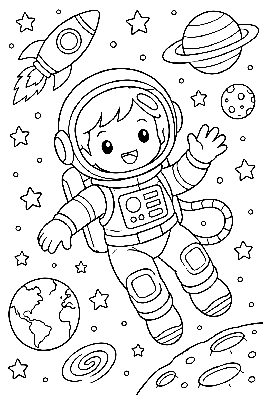 Astronaut floating in space with stars coloring page