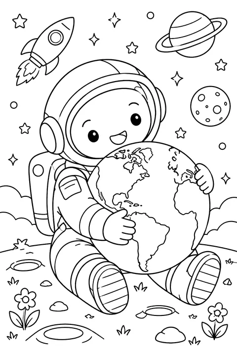 Astronaut hugging the Earth coloring page