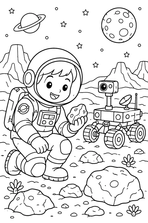 Astronaut on Mars with rocks and a rover coloring page