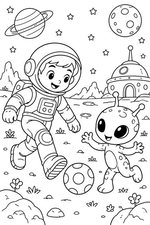 Astronaut playing with an alien coloring page