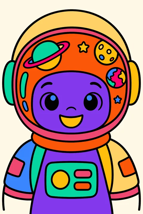 Astronaut portrait with reflections of planets in the visor coloring page