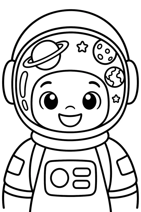 Astronaut portrait with reflections of planets in the visor coloring page