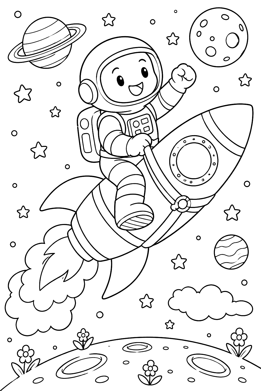 Astronaut riding a rocket like a horse coloring page