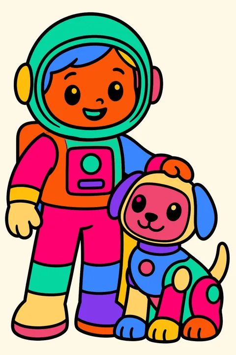 Astronaut and a robot dog coloring page