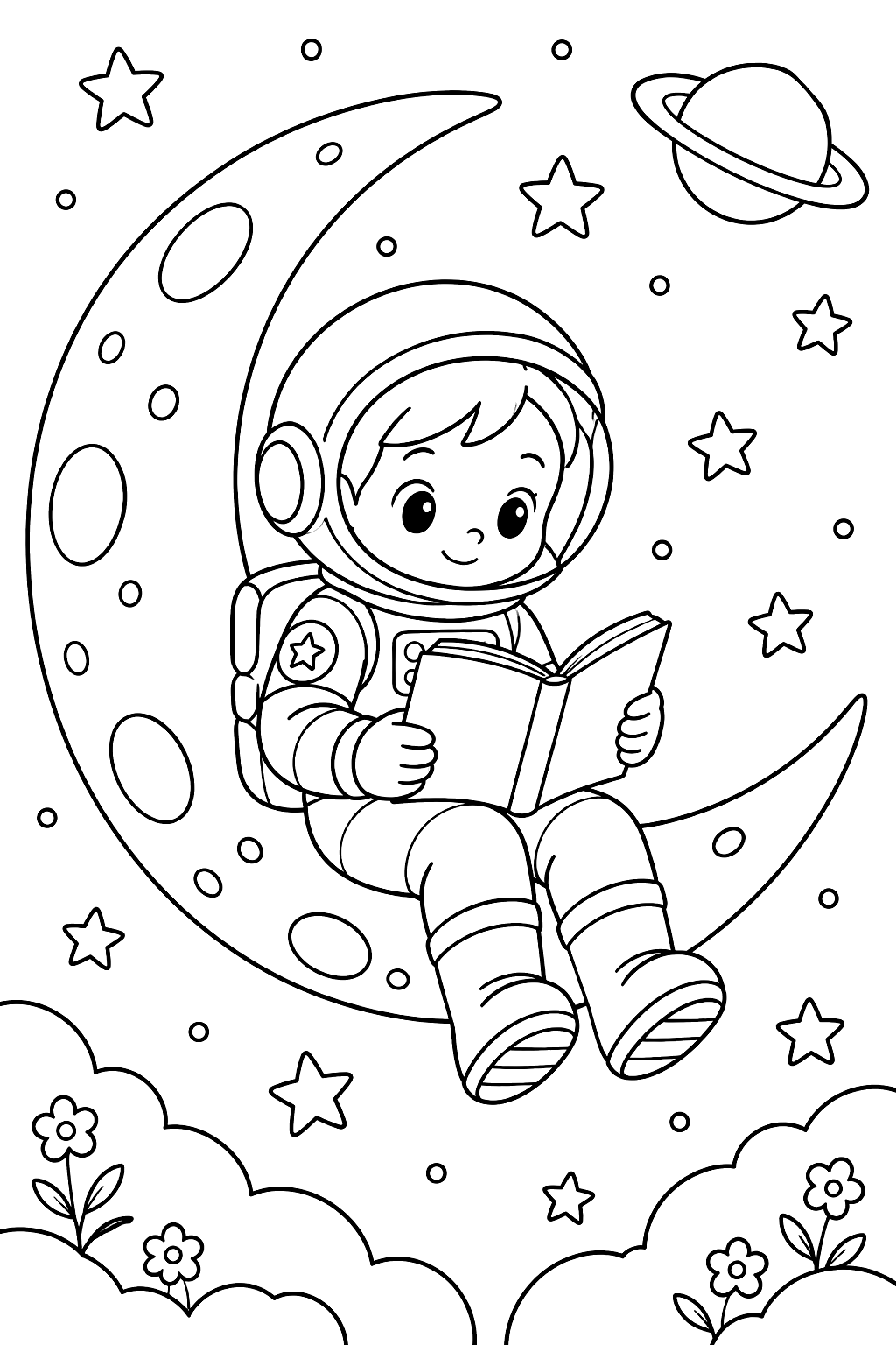 Astronaut sitting on a crescent moon reading coloring page