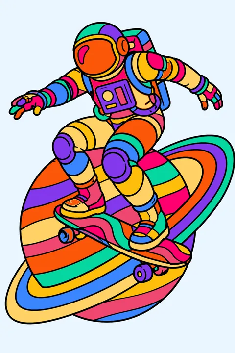 Astronaut skateboarding on Saturn's ring coloring page