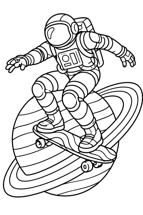Astronaut skateboarding on Saturn's ring coloring page